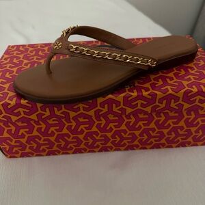 Tory Burch Tan Sandals with Gold Chain Detail
